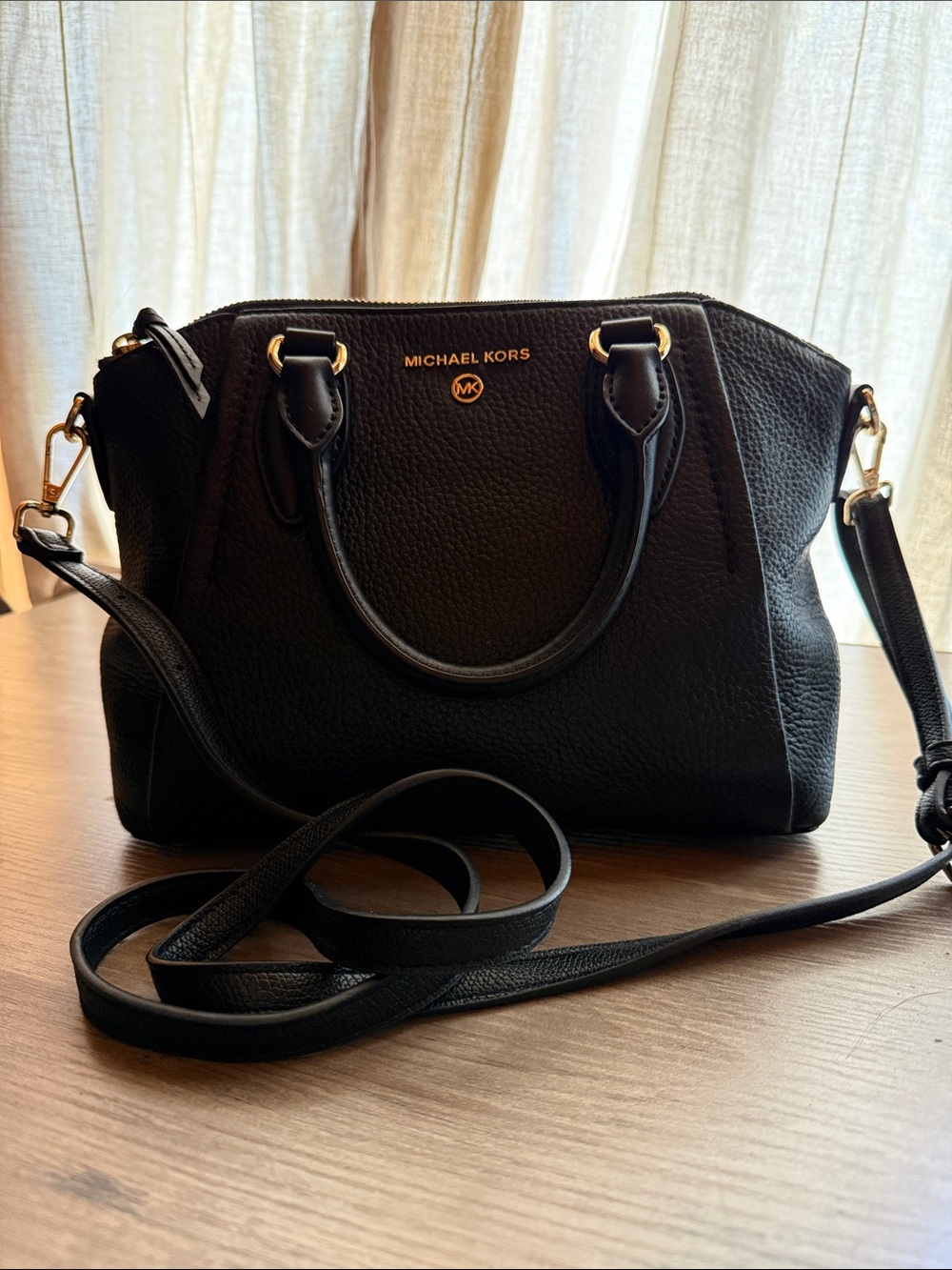 Michael Kors Black Leather Satchel with Gold Accents